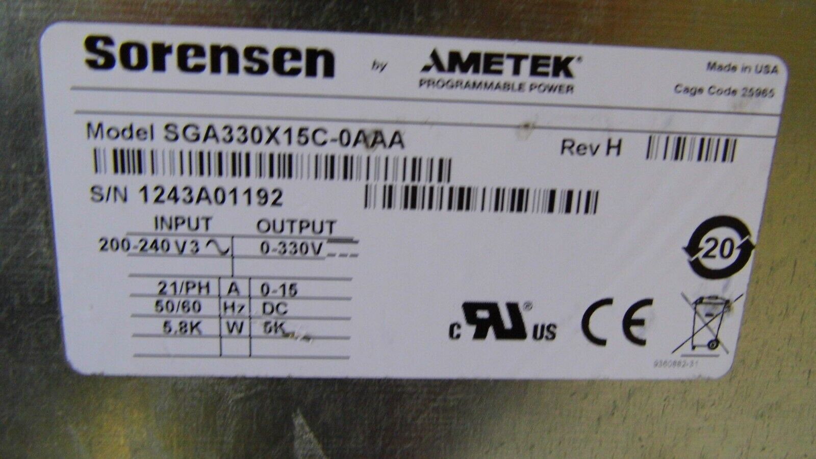 SGA330X15C-0AAA 5KW 0-330VDC 0-15A SORENSEN NIST calibrated 5/18/21 SGA330X15C-0AAA 5KW 0-330VDC 0-15A SORENSEN NIST calibrated 5/18/21